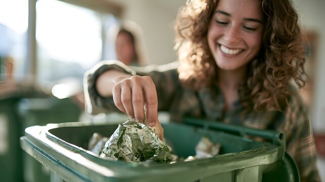 Young woman smiling while sorting and disposing of food waste into a compost bin