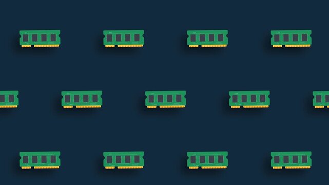 Seamless pattern of computer RAM memory modules on a dark blue background, representing digital technology and data processing.