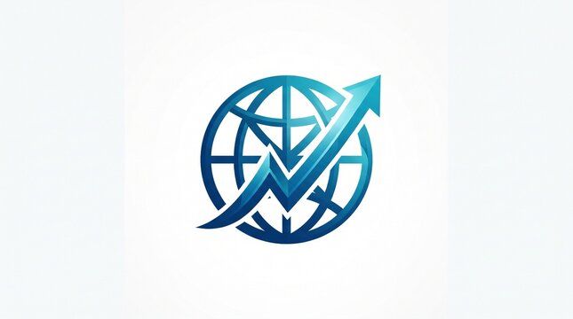 Modern globe with upward arrow logo for global business growth, finance investment, trading, marketing technology and worldwide company success