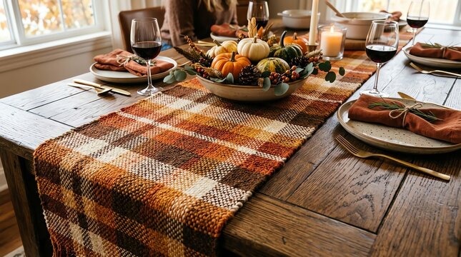 Warm Autumn Table Setting with Pumpkin Centerpiece and Red Wine