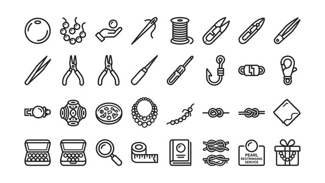 Collection of jewelry making and crafting tools icons isolated on transparent background
