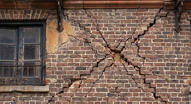 Severe spiderweb brick wall cracks from foundation settlement on historic hotel exterior facade