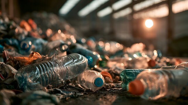 Pile of discarded plastic bottles and trash in a dimly lit industrial setting