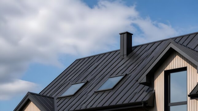 Modern house roof with standing seam metal panels and skylight windows