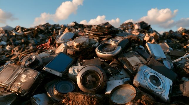 Pile of discarded electronic devices and cameras at a landfill under a cloudy sky
