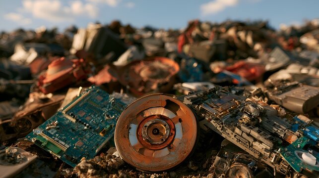 Pile of discarded electronic waste and computer circuit boards at a landfill