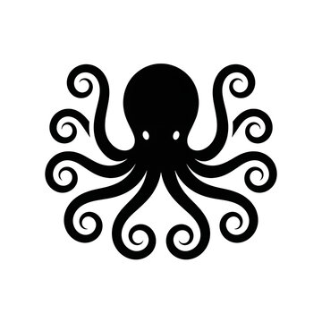 Black octopus vector icon with swirling tentacles