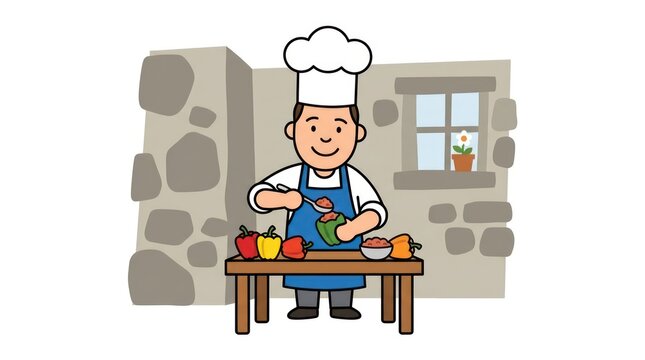 Cartoon chef in chef hat and apron preparing stuffed peppers in rustic kitchen setting with stone walls and window.