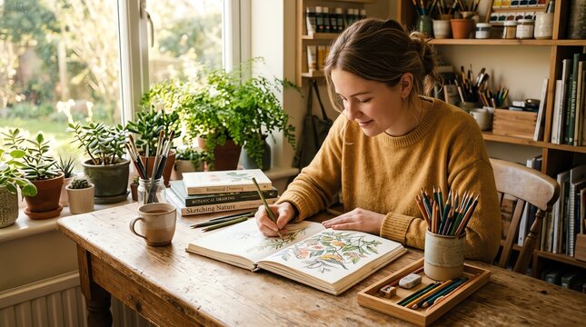 Woman artist drawing birds and flowers in a sketchbook