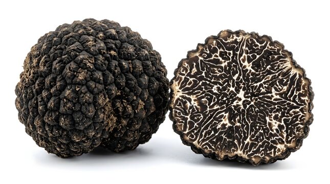 A whole black winter truffle beside its cross-section revealing intricate marbled veining on a white background.