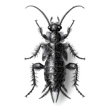 Detailed black and white engraving of an earwig insect from a top-down perspective on a white background