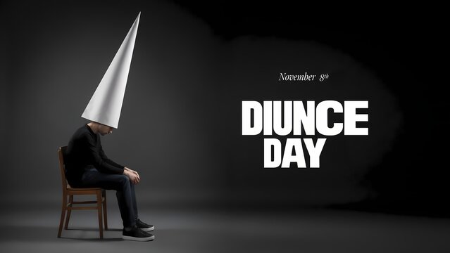 Person wearing a white dunce cap sitting on a wooden chair in a dark studio with text dunce day