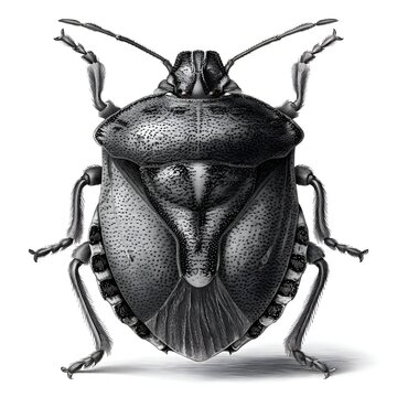 Detailed engraving of a Brown Marmorated Stink Bug on a white background