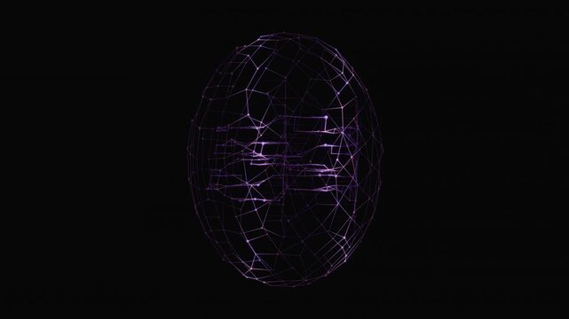 Glowing purple wireframe sphere rotating on a black background