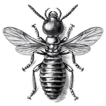 Vintage engraving illustration of a termite queen with wings, intricate detail, black and white