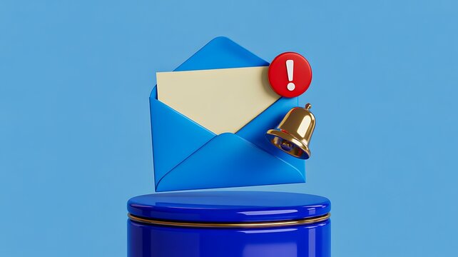 Email notification with alert symbol and bell emerging from a mailbox