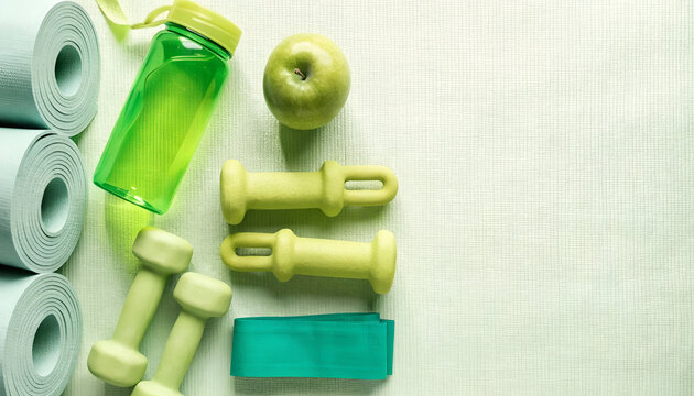Healthy Lifestyle and Fitness Concept &mdash; Green Dumbbells, Water Bottle, Yoga Mats and Fresh Apple