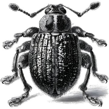 Detailed engraving of a large weevil beetle with intricate patterns and hairy legs