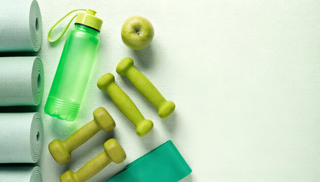 Healthy Lifestyle and Fitness Concept &mdash; Green Dumbbells, Water Bottle, Yoga Mats and Fresh Apple