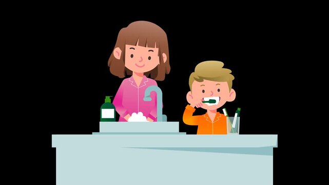 Girl Washing Hands and Boy Brushing Teeth at Bathroom Sink