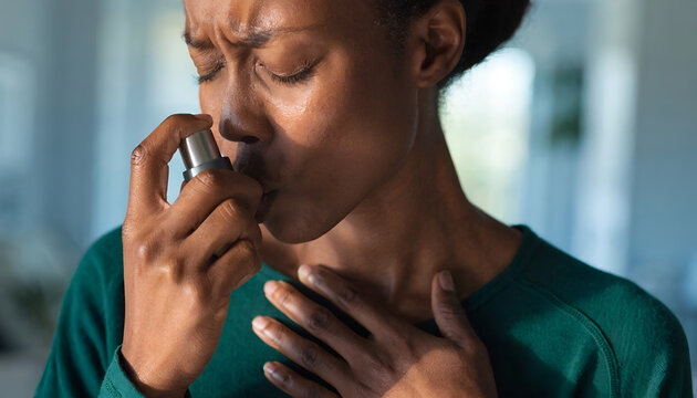 Woman Using Inhaler During an Asthma or Breathing Difficulty Episode at Home