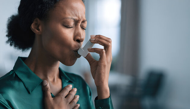 Woman Using Inhaler During an Asthma or Breathing Difficulty Episode at Home