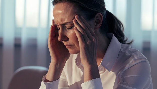 Stressed Woman Experiencing Headache and Mental Fatigue While Sitting Indoors