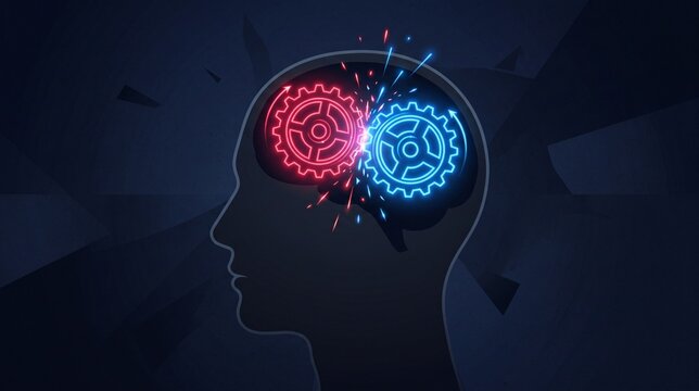 Silhouette of a head with two glowing opposing gears grinding