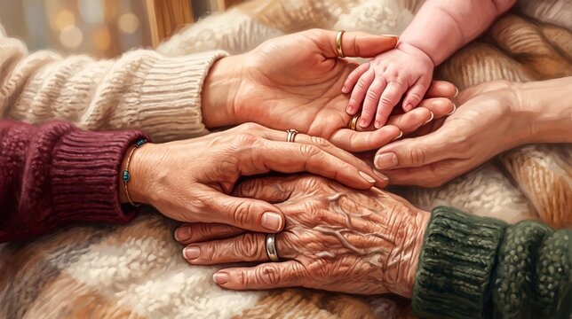 Close up of hands from four generations of women holding each other