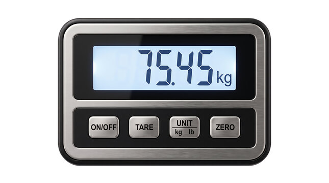 Digital kitchen scale displaying weight measurement with buttons for control functions isolated on transparent background transparent background