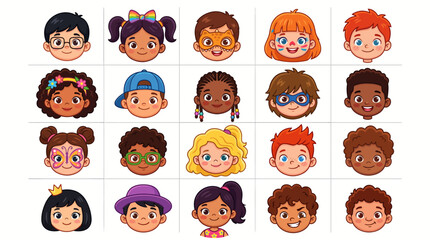 Fototapeta premium Diverse Happy Children Faces Cartoon Character Collection Vector Illustration.