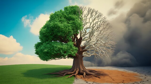 A tree divided between healthy nature and dry climate change landscape