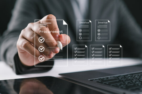 Procurement and invoice digital documents with checklist, business purchasing, vendor management, contract process, and corporate financial workflow automation.