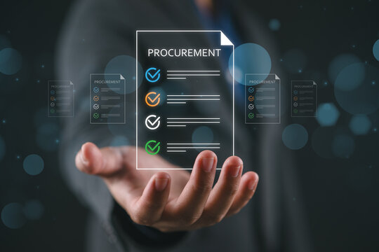 Businessman holding digital procurement checklist document for supply chain and contract management concept.