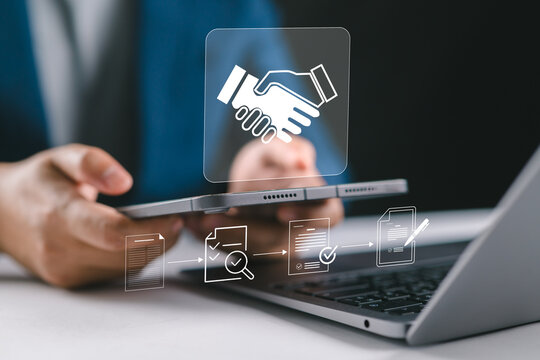 Procurement process management, Digital and paper document approval, contract verification, supplier negotiation, and business purchasing operations using laptop and paper in office environment