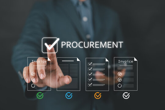 Illustration of procurement process management with checklist and approval icons on a digital interface.