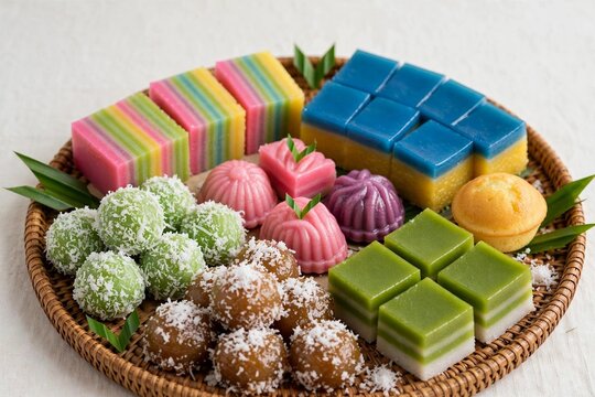 Traditional Malaysian kuih muih colorful platter kuih lapis, onde onde, kuih ketayap
