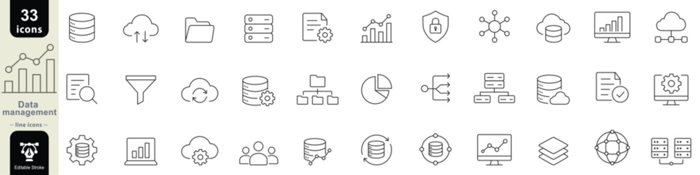 Data management line icon set with databases, cloud storage, analytics, security, servers, networks, files, and workflow symbols editable stroke