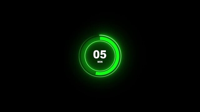 Bright green neon circular progress bar displaying five minutes with a glowing outline and segmented ring on a dark black background