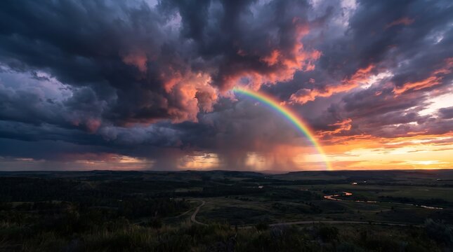Dramatic sunset sky featuring a rainbow arching over a dark storm cloud landscape storm clouds after storm colorful sky outdoor scenery rain clouds golden hour weather condi