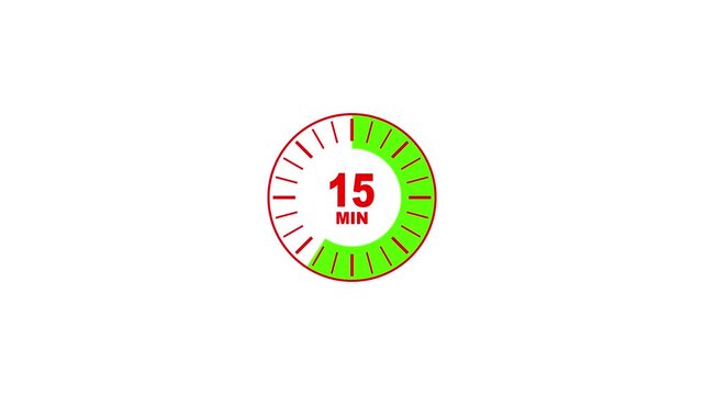 A red circular timer with the number 15 and MIN prominently displayed, featuring a vibrant green segment indicating a fifteen minute duration or countdown on a stark white background. Keywords