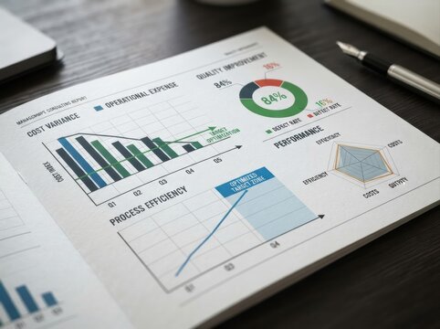 quality improvement cost reduction Business charts and graphs displaying performance metrics on a desk