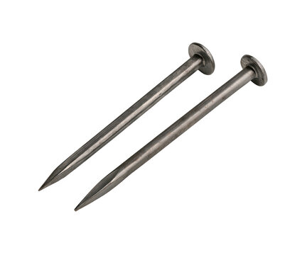 Two metal nails with flat heads and sharp points isolated on transparent background