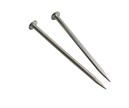 Two metal nails with flat heads and sharp points isolated on transparent background