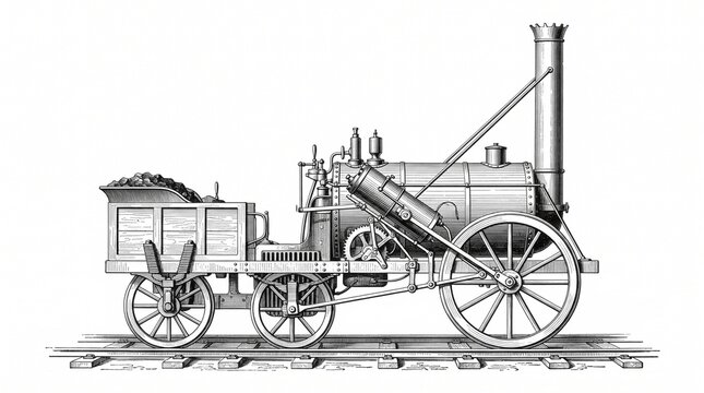 Vintage steam locomotive engine drawing featuring intricate mechanical details isolated on pure white background
