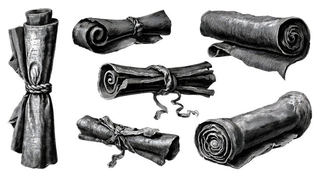 Collection of black rolled scrolls and textured fabrics in vintage woodcut illustration style with black fabric