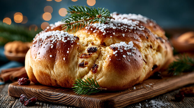 Rustic sweet bread loaf with candied fruits, topped with coarse sugar, and decorated with pine sprigs