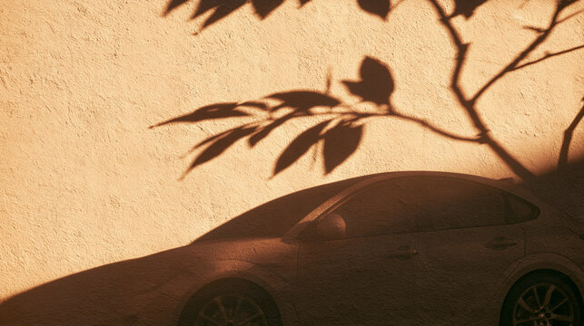 Dynamic car shadow cast alongside intricate foliage silhouette projected upon textured warm wall