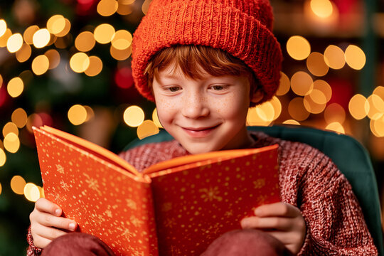 Young boy in orange hat reading a book near christmas tree lights with story time