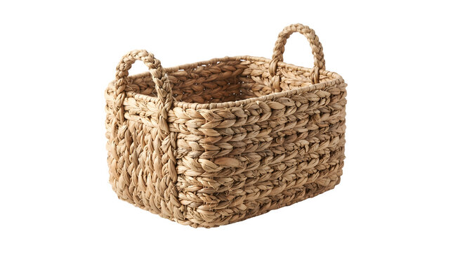 Woven seagrass storage basket with handles isolated on transparent background